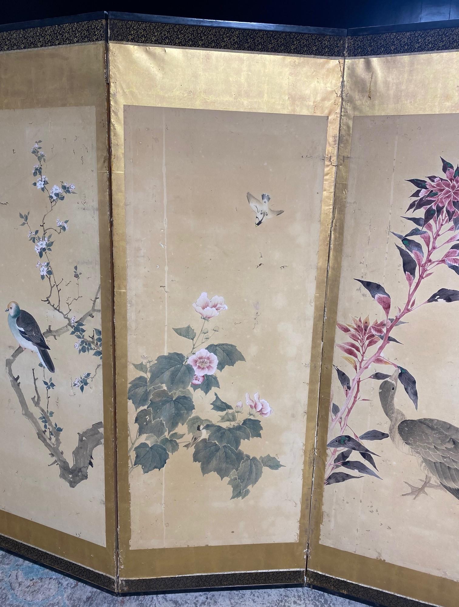Japanese Asian Large Four-Panel Folding Byobu Showa Nature Bird Landscape Screen In Good Condition In Studio City, CA