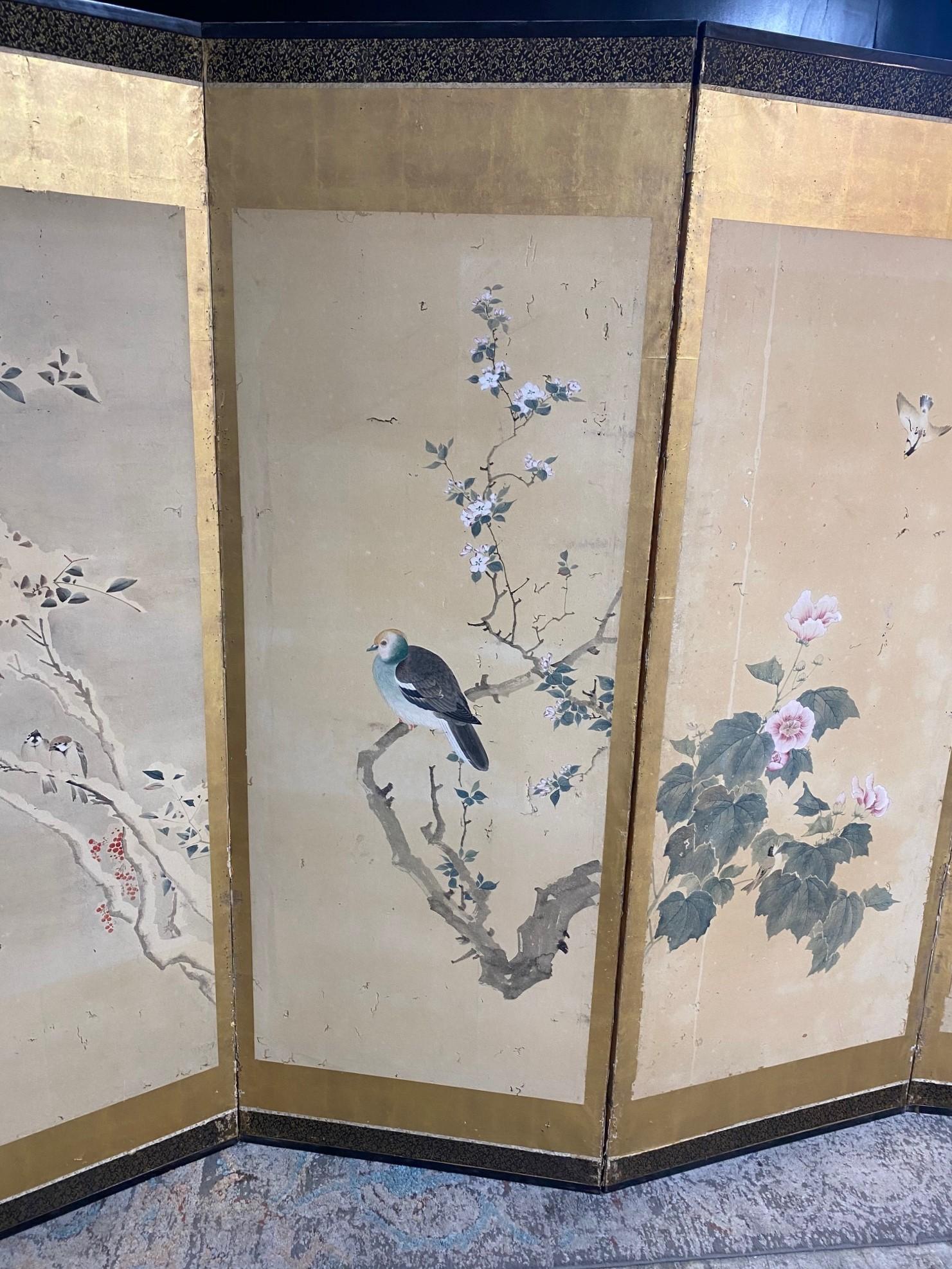 20th Century Japanese Asian Large Four-Panel Folding Byobu Showa Nature Bird Landscape Screen