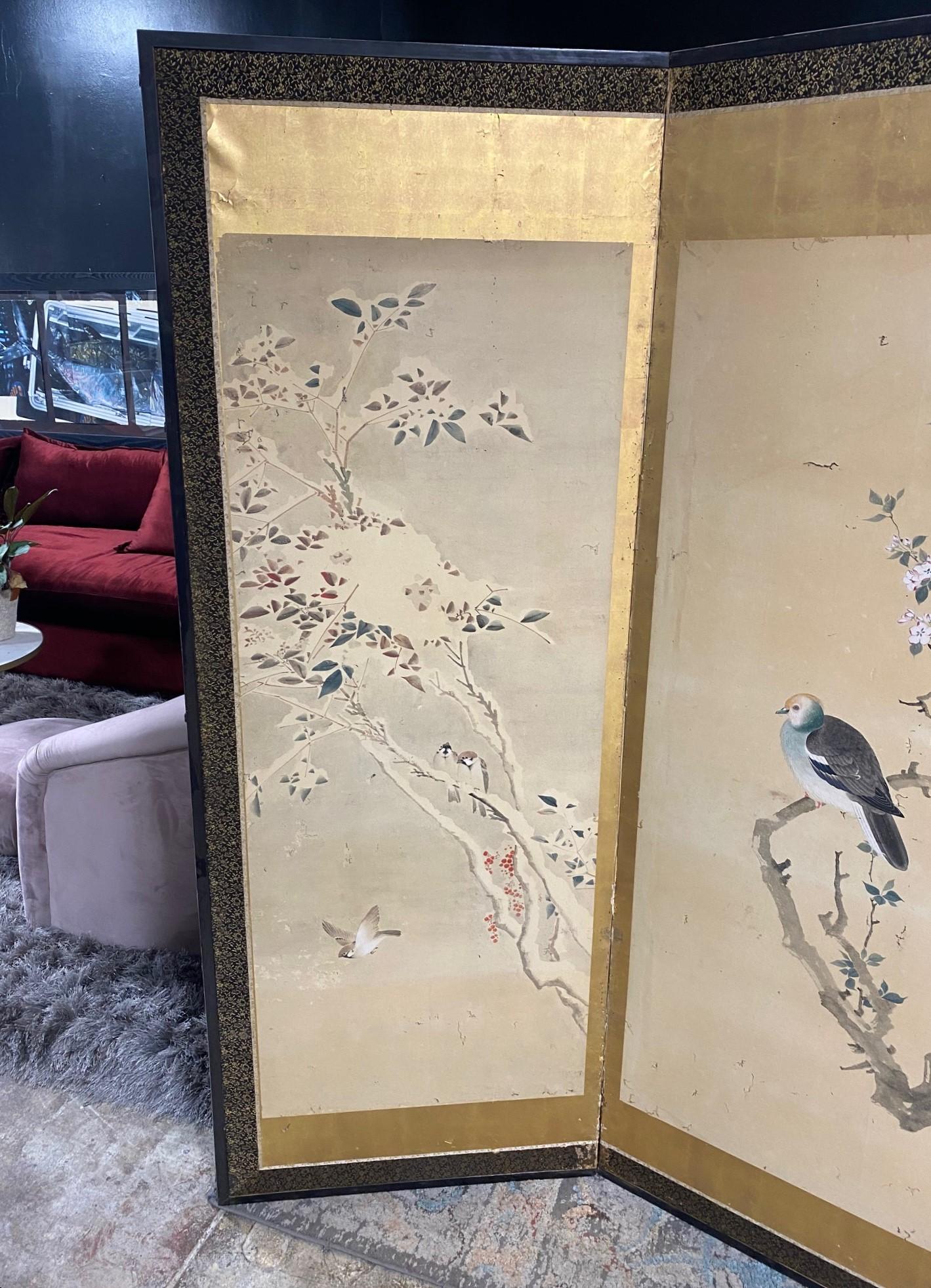 Gold Leaf Japanese Asian Large Four-Panel Folding Byobu Showa Nature Bird Landscape Screen