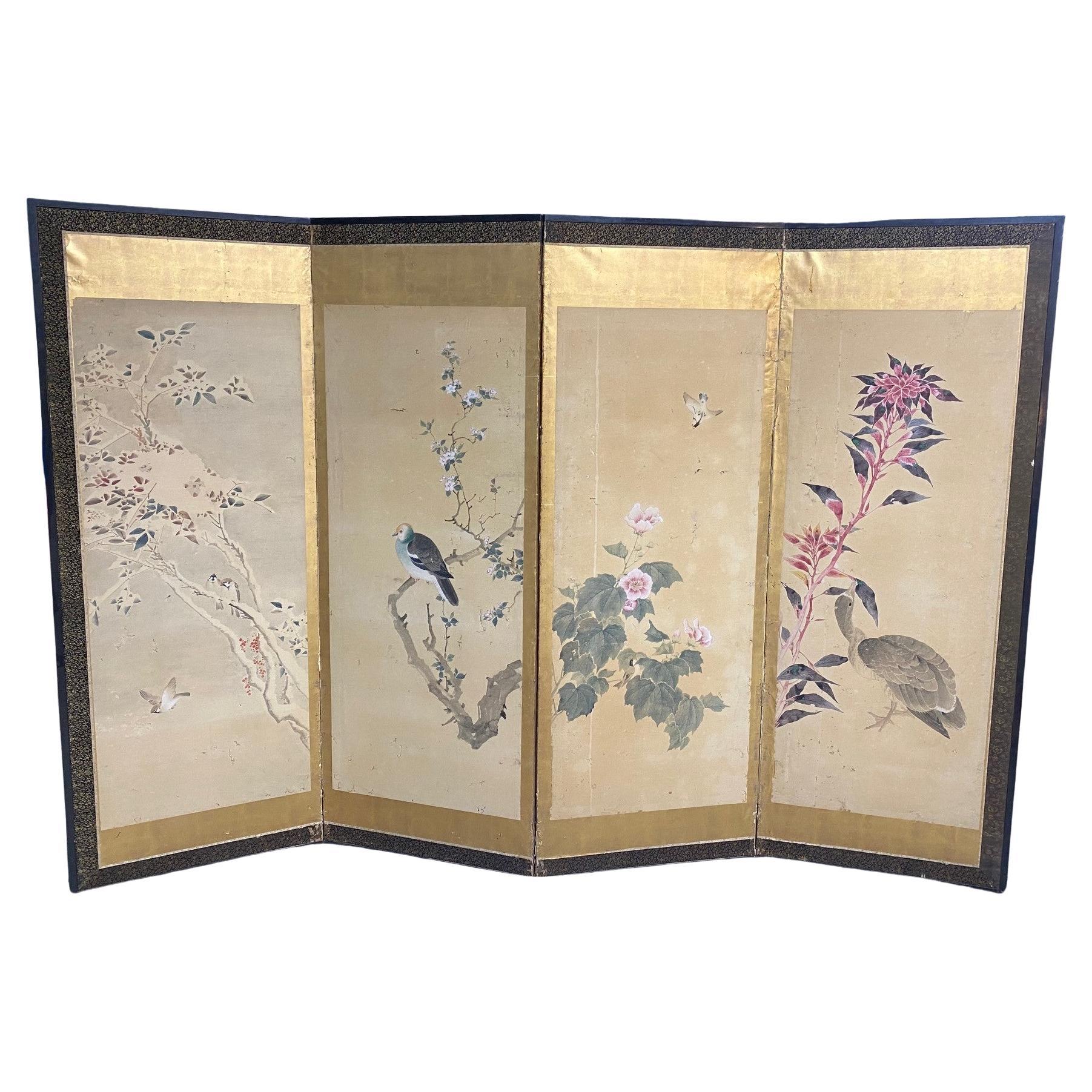 Japanese Asian Large Four-Panel Folding Byobu Showa Nature Bird Landscape Screen