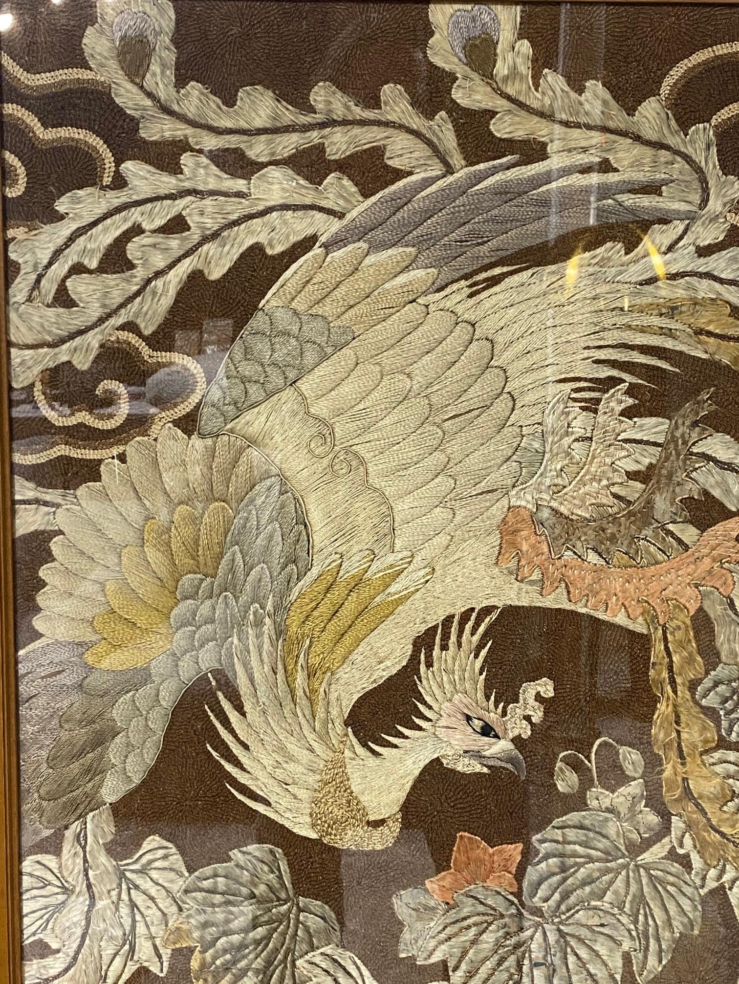 Japanese Asian Large Meiji Period Silk Embroidery Peacock Bird Flower Tapestry For Sale 5