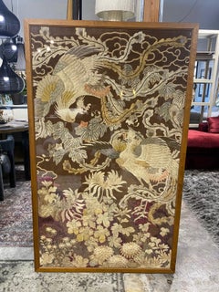 Japanese Asian Large Meiji Period Silk Embroidery Peacock Bird Flower Tapestry
