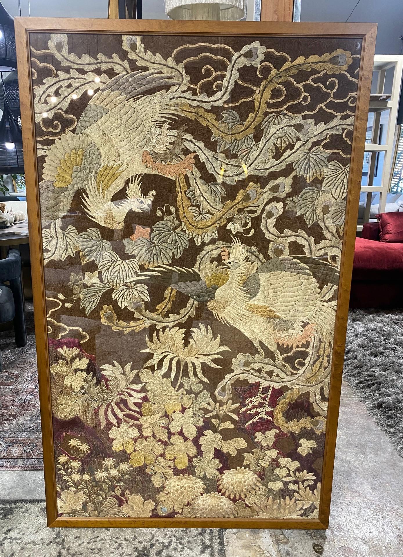 Hand-Crafted Japanese Asian Large Meiji Period Silk Embroidery Peacock Bird Flower Tapestry For Sale
