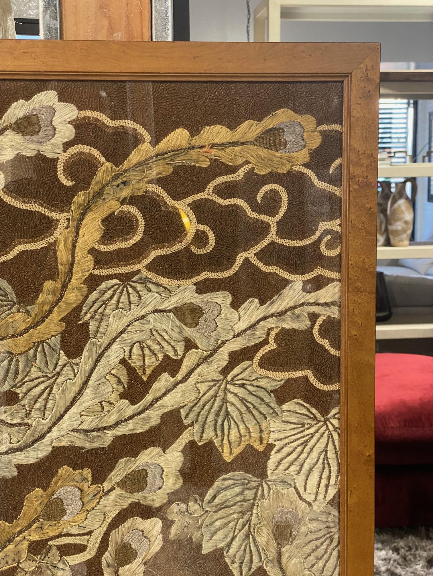 Japanese Asian Large Meiji Period Silk Embroidery Peacock Bird Flower Tapestry In Good Condition For Sale In Studio City, CA