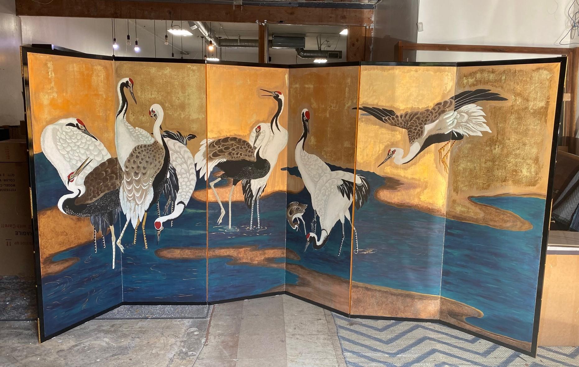 Japanese Asian Large Six-Panel Byobu Folding Screen Landscape Stream with Cranes 11