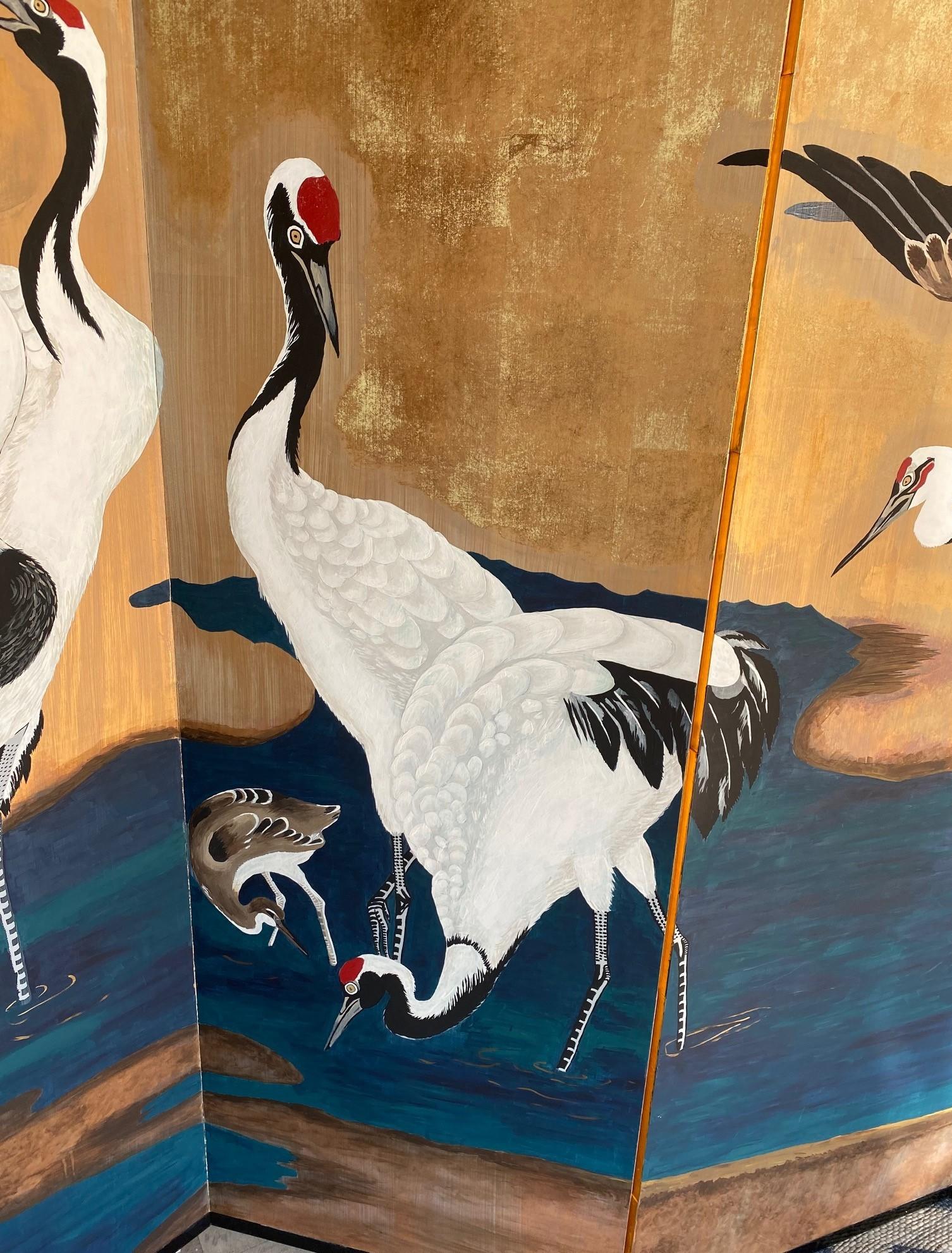 20th Century Japanese Asian Large Six-Panel Byobu Folding Screen Landscape Stream with Cranes