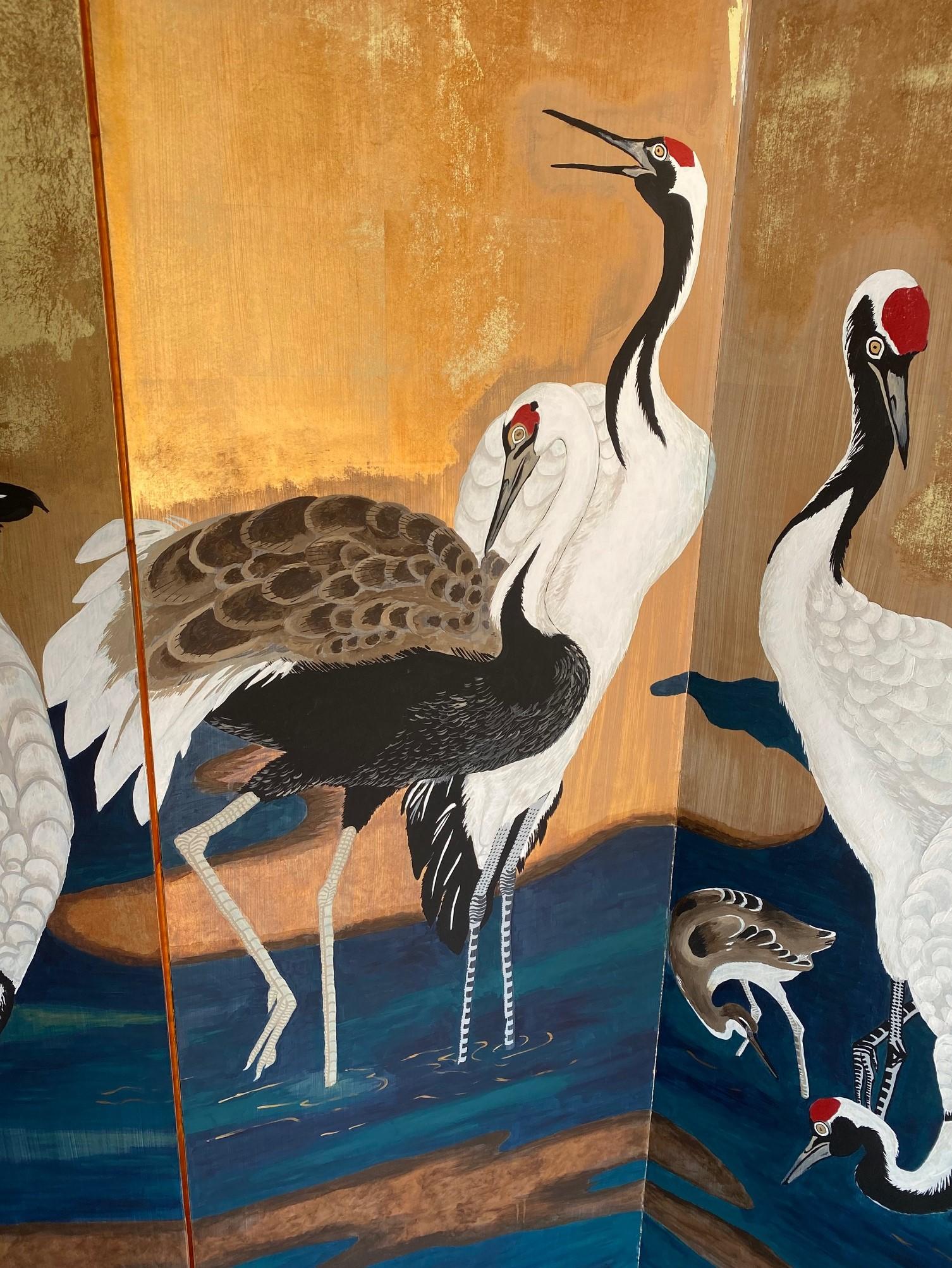 Paint Japanese Asian Large Six-Panel Byobu Folding Screen Landscape Stream with Cranes