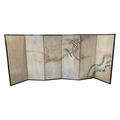 Japanese Asian Large Six-Panel Byobu Folding Screen Plum Tree with Hawk