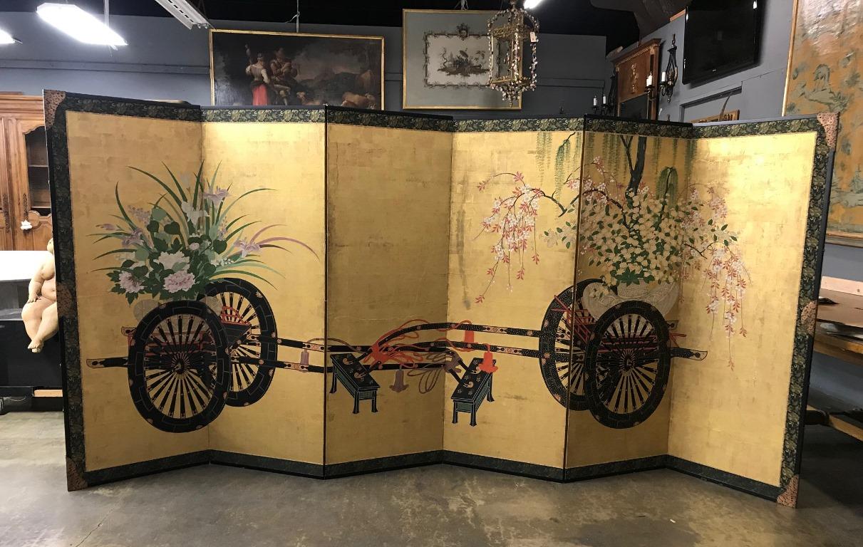 Japanese Asian Large Six-Panel Folding Byobu Flower Cart Screen, 19th Century For Sale 4