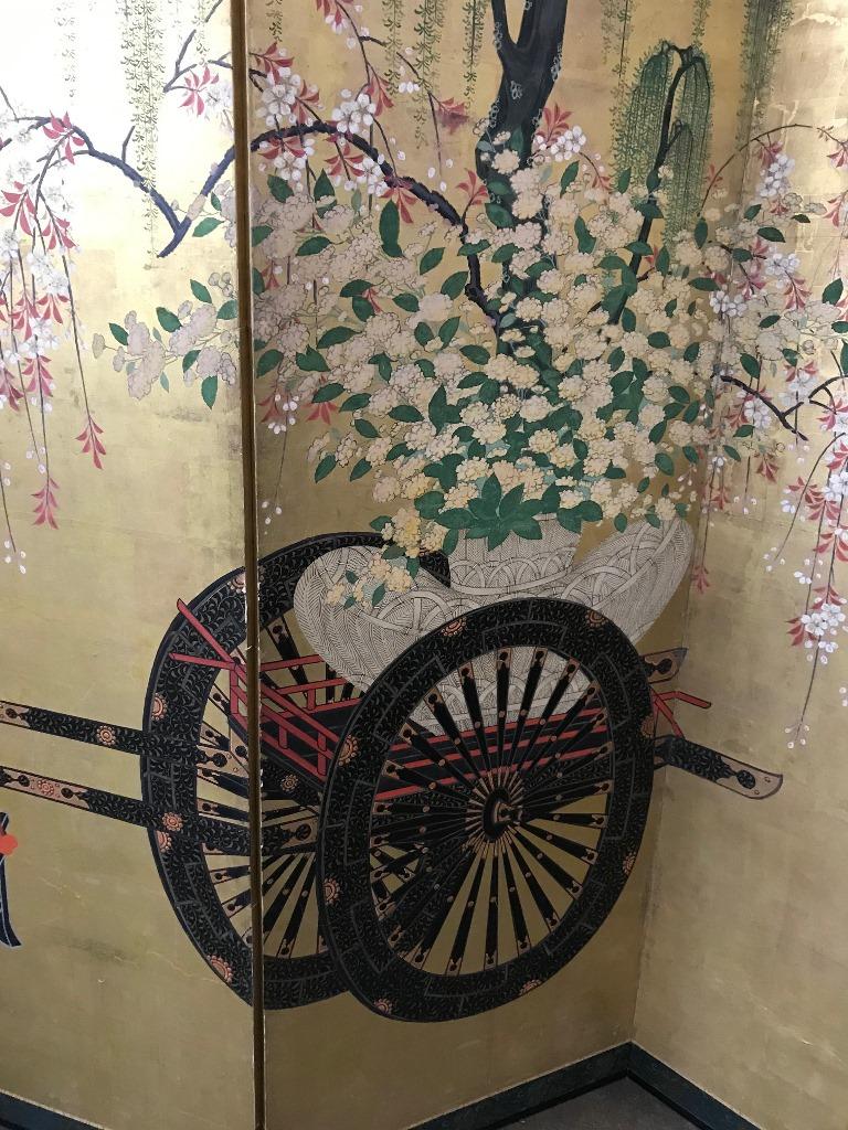 Meiji Japanese Asian Large Six-Panel Folding Byobu Flower Cart Screen, 19th Century For Sale