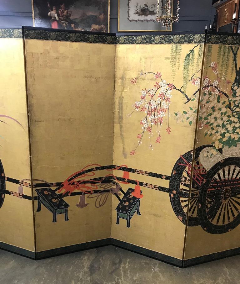 Japanisch Asiatisch Großer Sechs-Panel Folding Byobu Flower Cart Screen, 19. (19. Jahrhundert) im Angebot