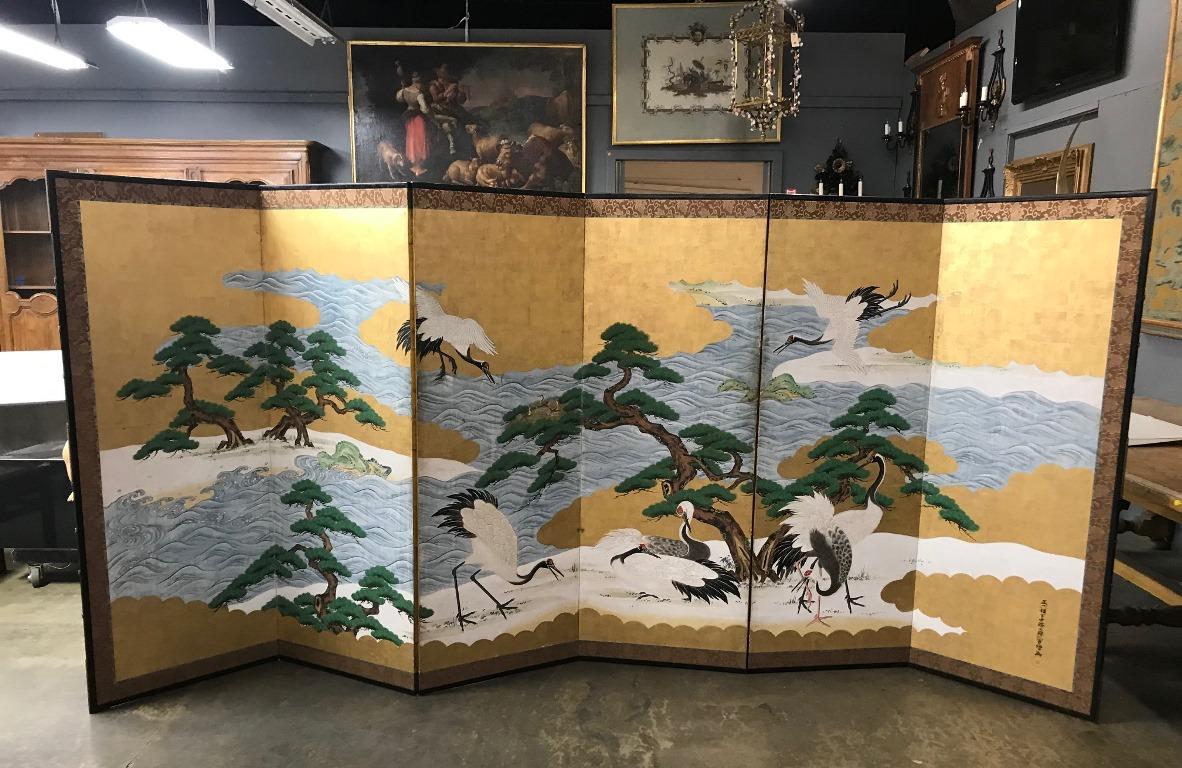 Japanese Asian Large Six-Panel Folding Byobu Screen Cranes by Ocean 19th Century 4