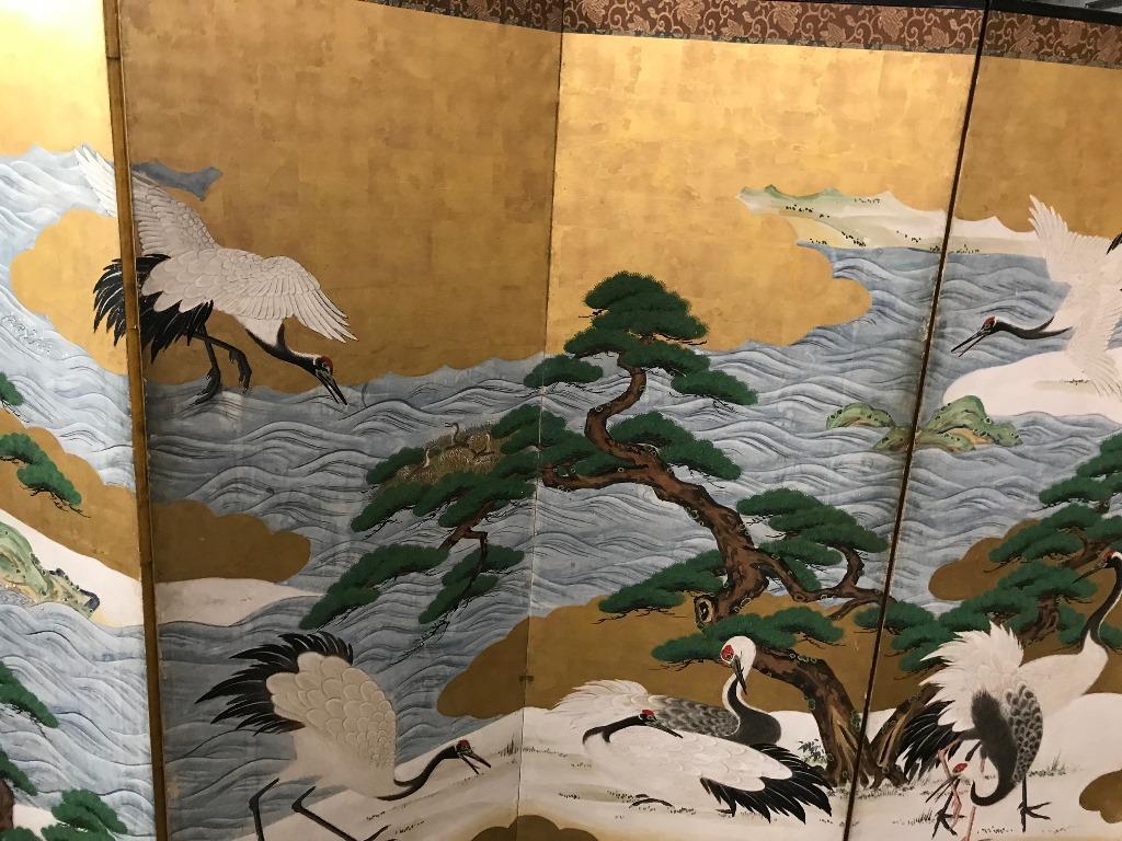 Meiji Japanese Asian Large Six-Panel Folding Byobu Screen Cranes by Ocean 19th Century