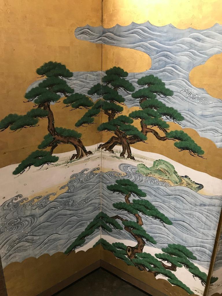 Hand-Painted Japanese Asian Large Six-Panel Folding Byobu Screen Cranes by Ocean 19th Century