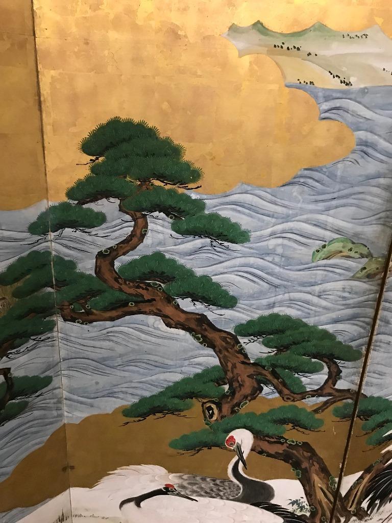 Japanese Asian Large Six-Panel Folding Byobu Screen Cranes by Ocean 19th Century In Good Condition In Studio City, CA
