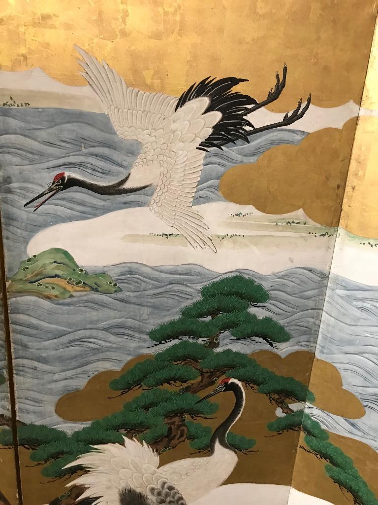 Gold Leaf Japanese Asian Large Six-Panel Folding Byobu Screen Cranes by Ocean 19th Century