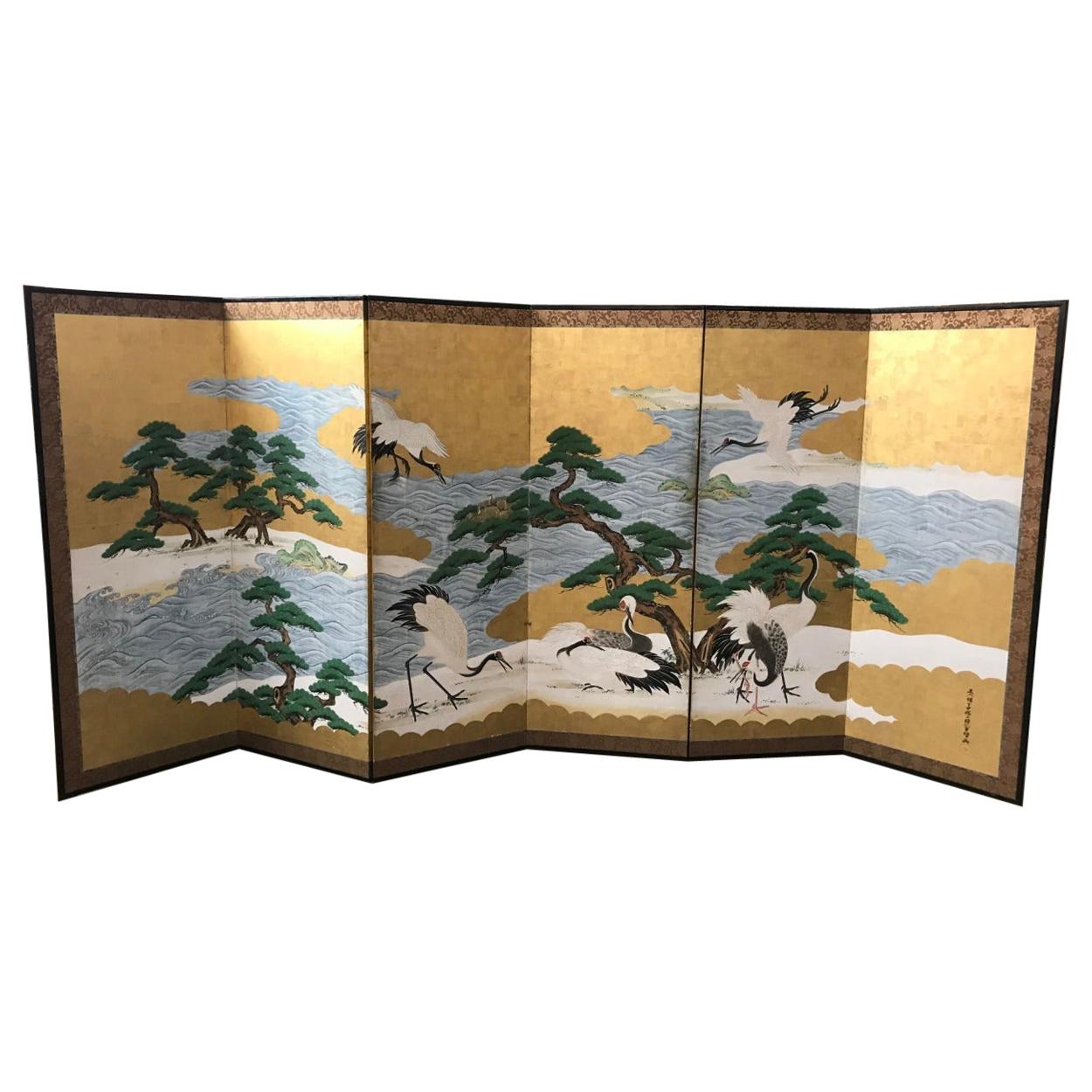 Japanese Asian Large Six-Panel Folding Byobu Screen Cranes by Ocean 19th Century