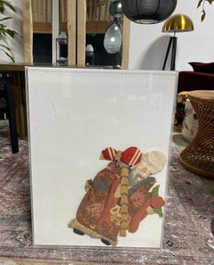 Japanese Asian Oshie Pressed Textile Old Monk Framed Shadow Puppet Doll