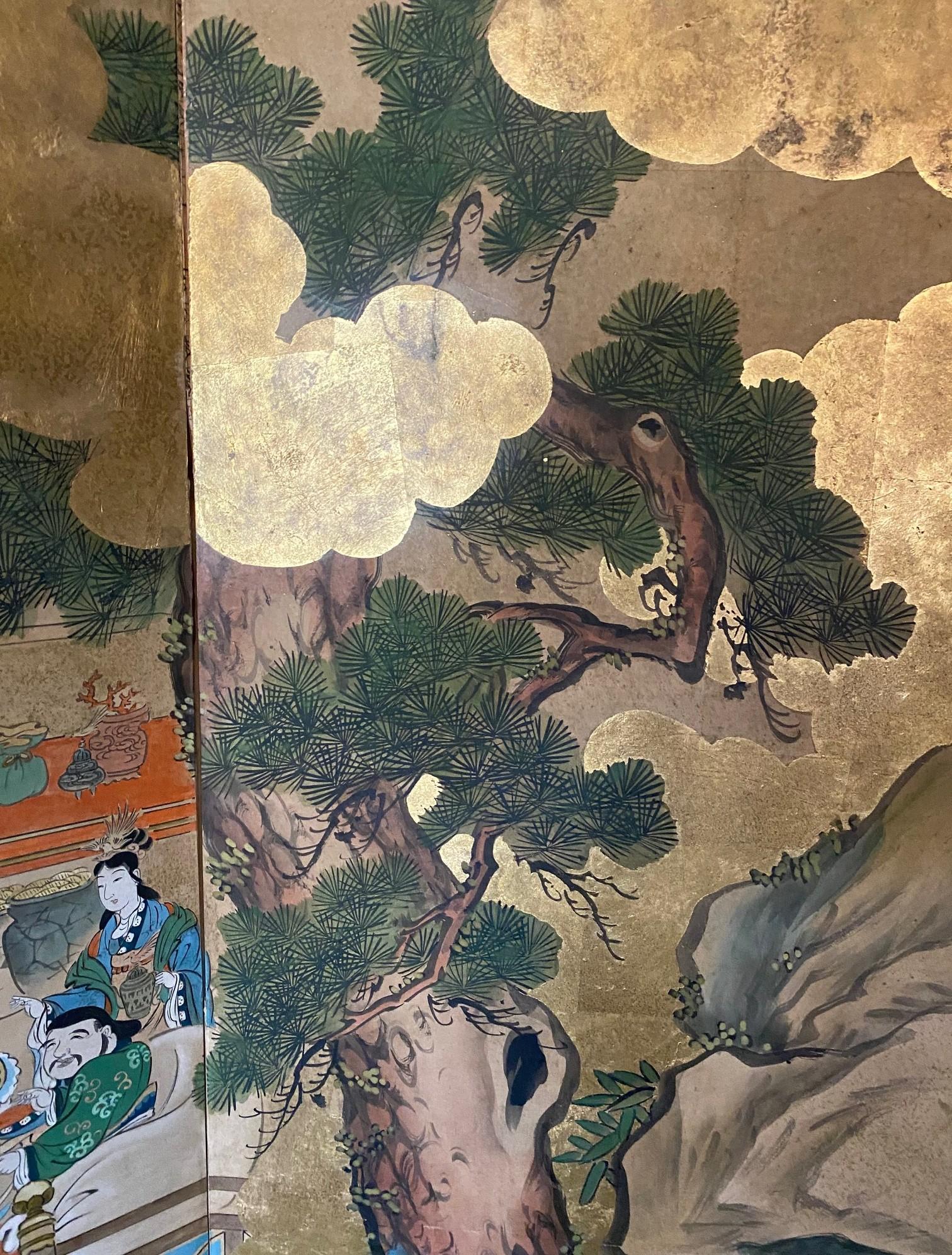 Paire de grands écrans Byobu pliants à six panneaux d'Asie japonaise, paysage mythique en vente 2