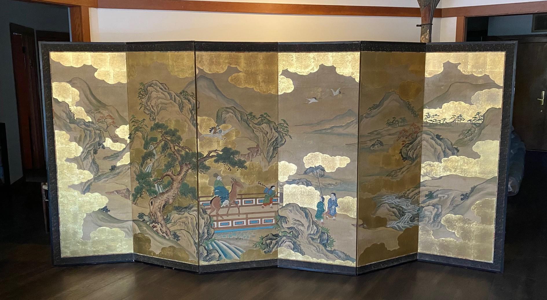 Paire de grands écrans Byobu pliants à six panneaux d'Asie japonaise, paysage mythique en vente 4