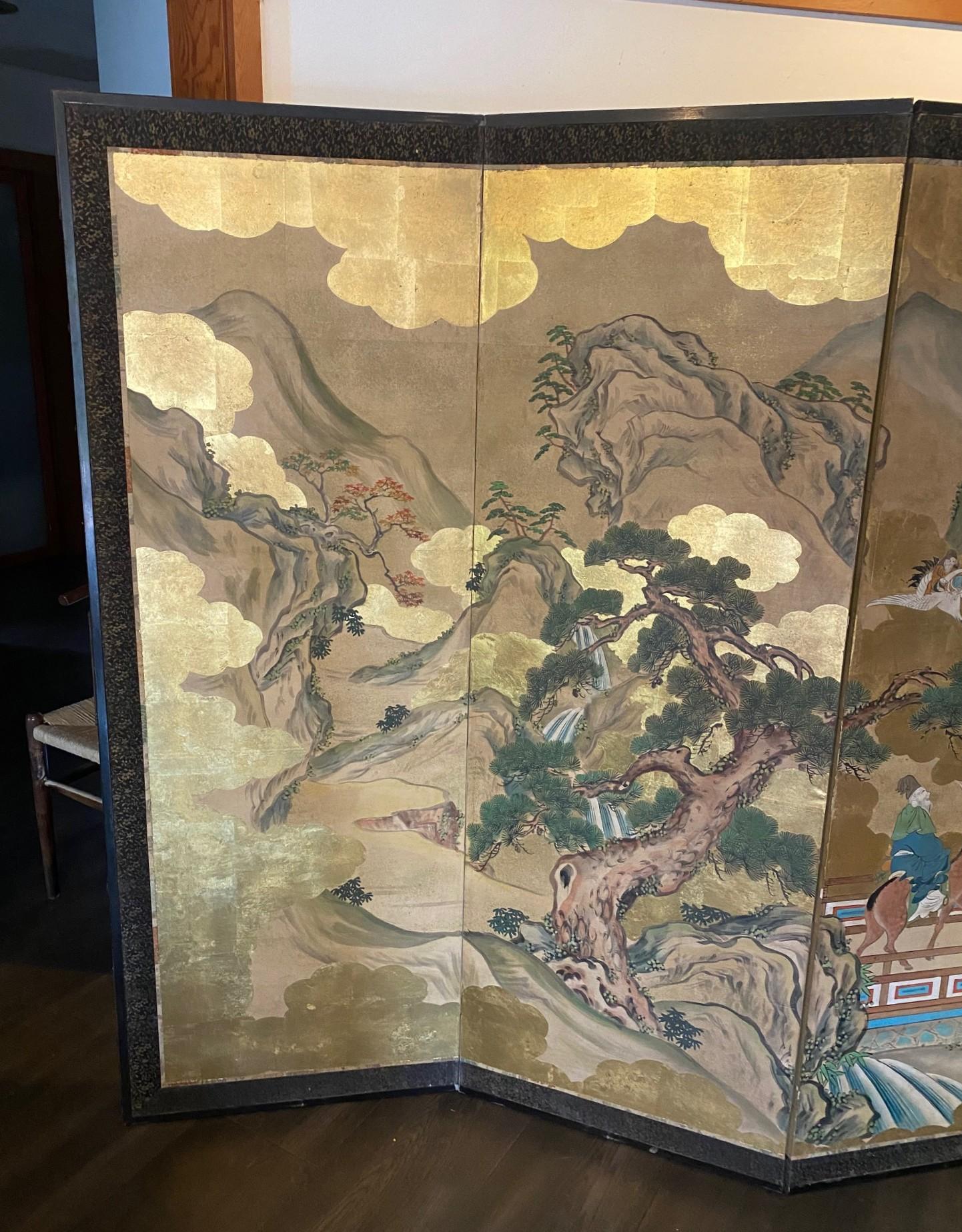 Paire de grands écrans Byobu pliants à six panneaux d'Asie japonaise, paysage mythique en vente 5