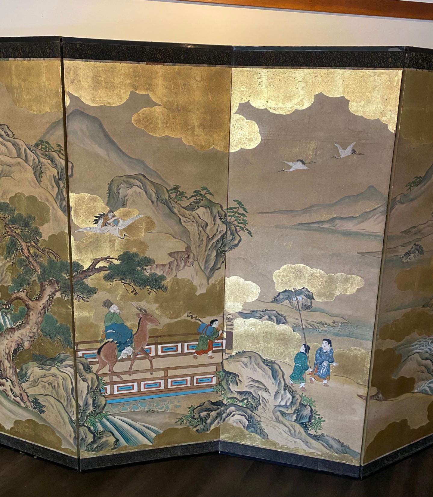 Paire de grands écrans Byobu pliants à six panneaux d'Asie japonaise, paysage mythique en vente 6