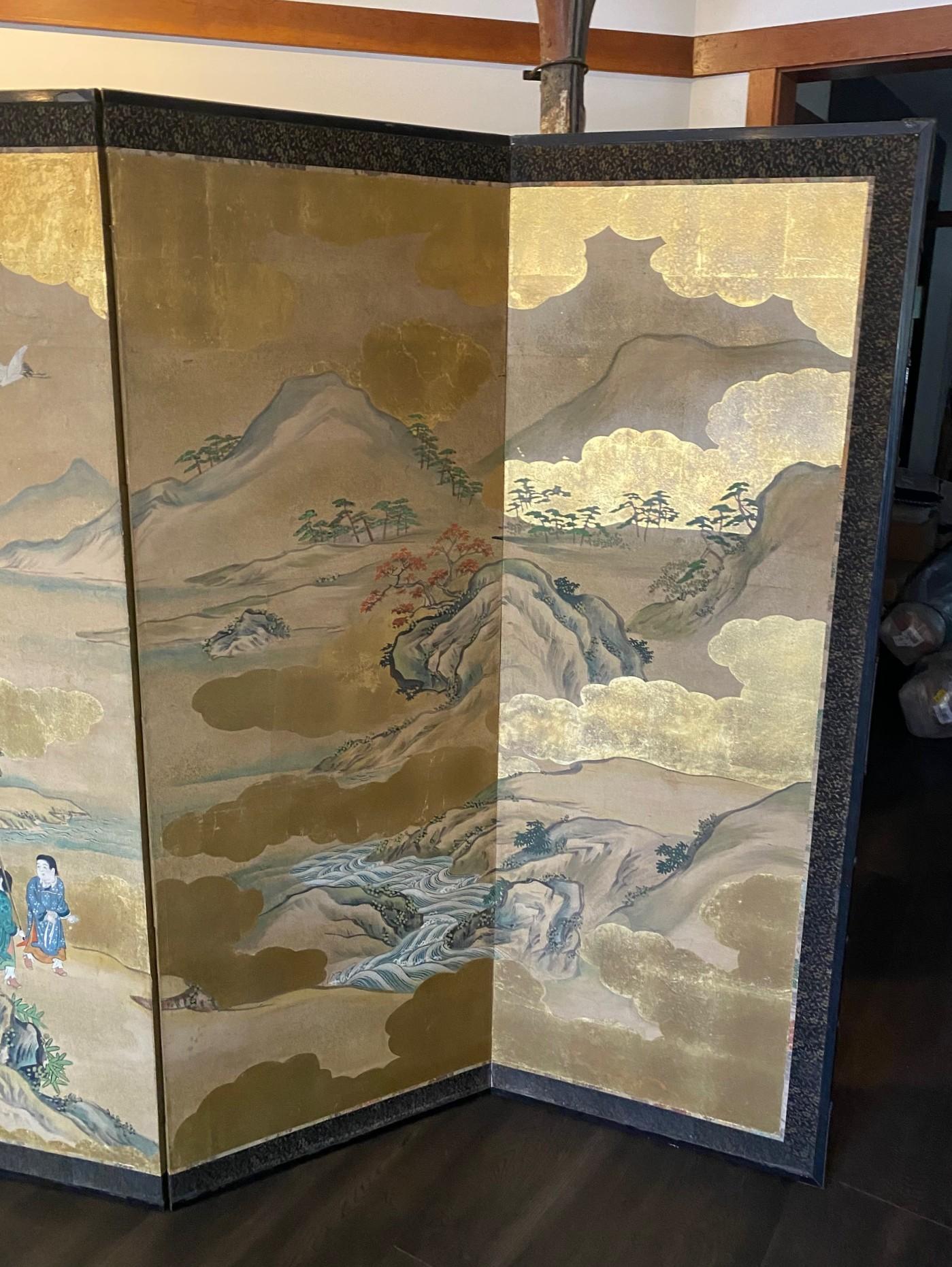 Paire de grands écrans Byobu pliants à six panneaux d'Asie japonaise, paysage mythique en vente 7
