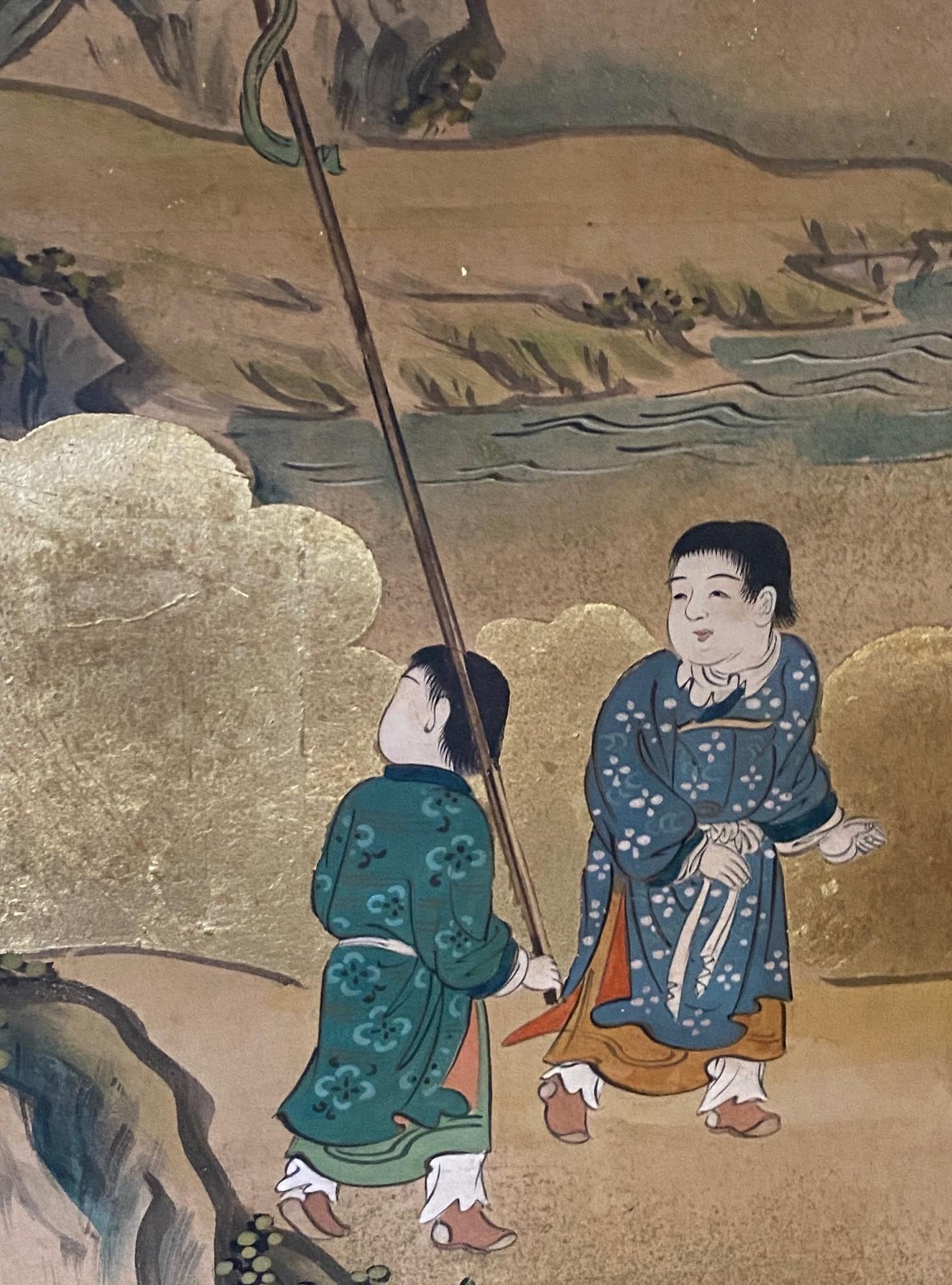 Paire de grands écrans Byobu pliants à six panneaux d'Asie japonaise, paysage mythique en vente 10