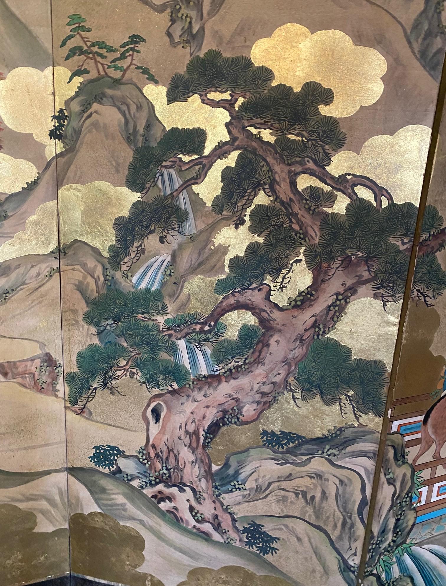 Paire de grands écrans Byobu pliants à six panneaux d'Asie japonaise, paysage mythique en vente 11