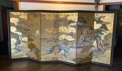 Japanese Asian Pair of Large Six-Panel Folding Byobu Screens Mythical Landscape