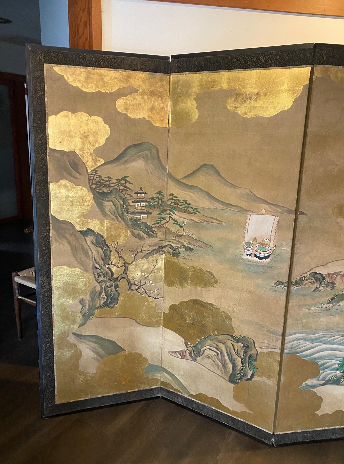 Meiji Paire de grands écrans Byobu pliants à six panneaux d'Asie japonaise, paysage mythique en vente
