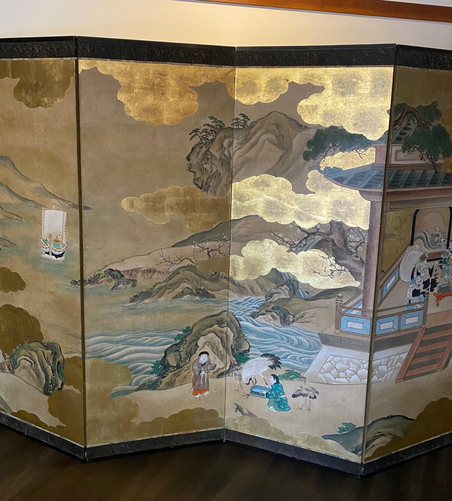 Japonais Paire de grands écrans Byobu pliants à six panneaux d'Asie japonaise, paysage mythique en vente