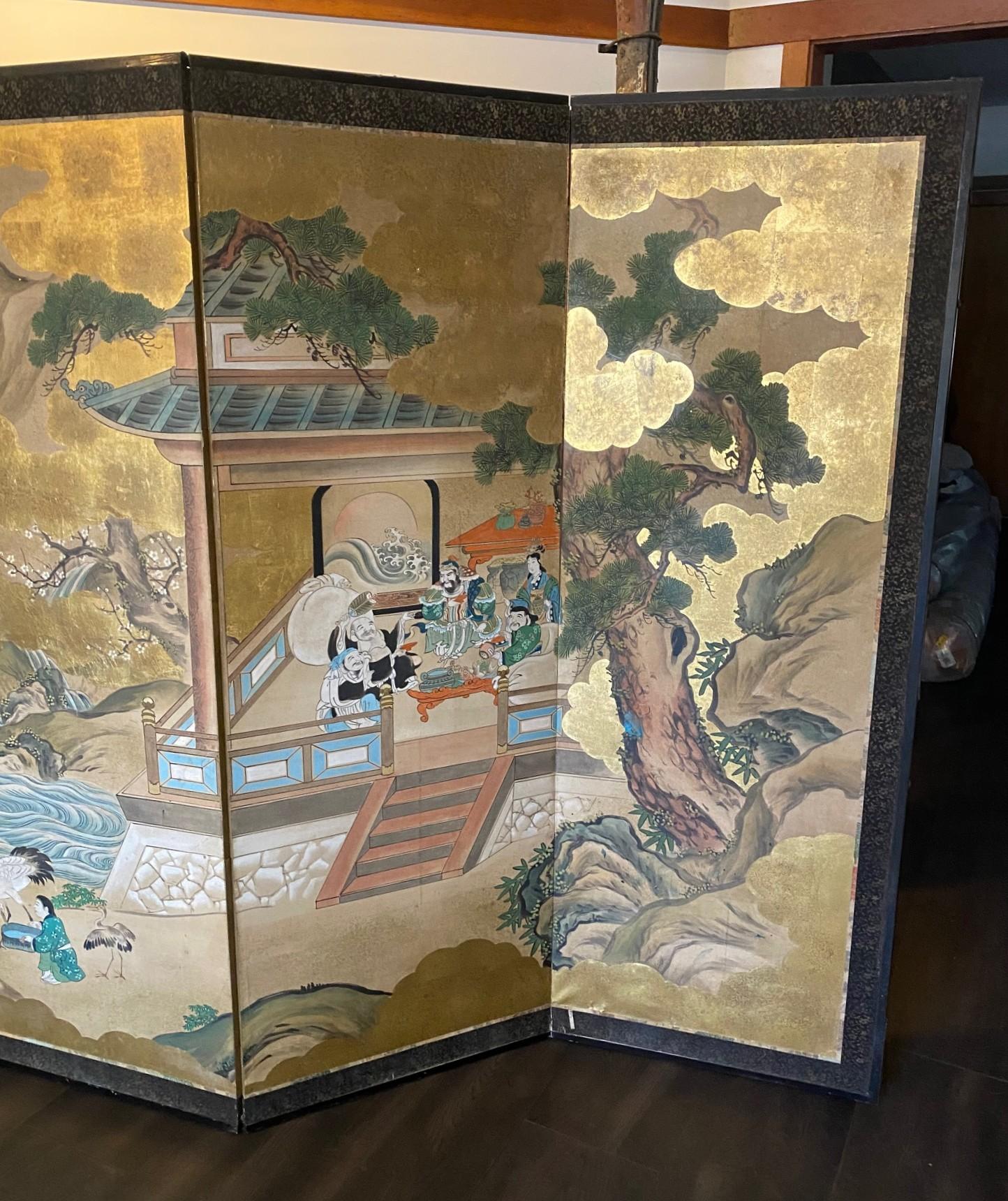 Fait main Paire de grands écrans Byobu pliants à six panneaux d'Asie japonaise, paysage mythique en vente