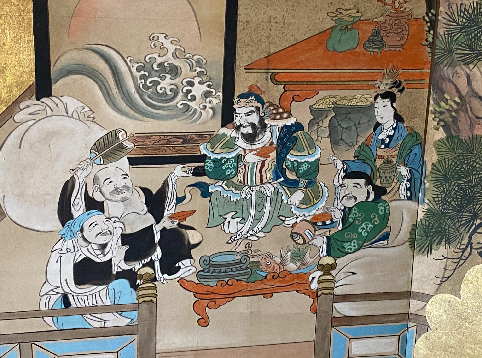 Paire de grands écrans Byobu pliants à six panneaux d'Asie japonaise, paysage mythique Bon état - En vente à Studio City, CA