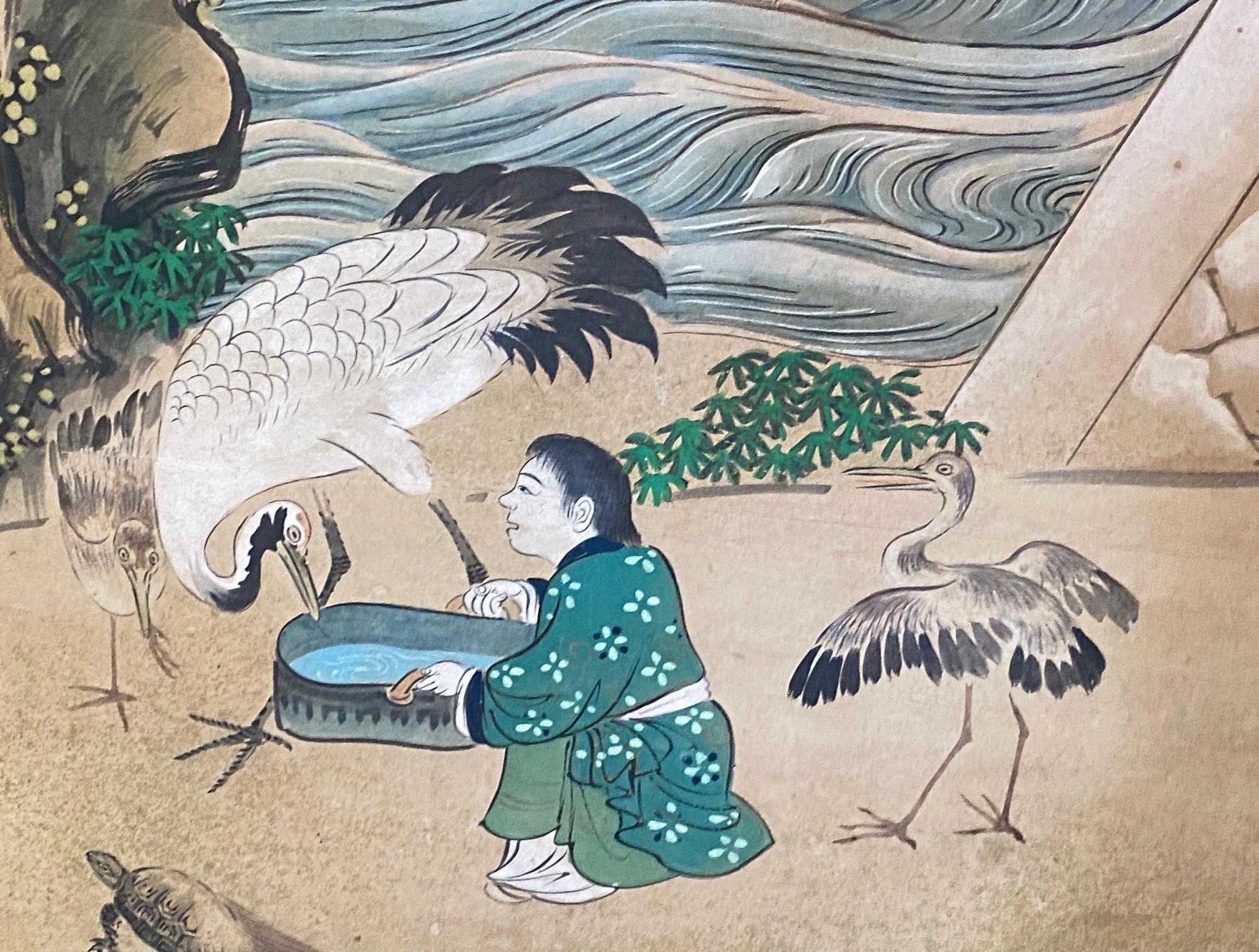 XVIIIe siècle et antérieur Paire de grands écrans Byobu pliants à six panneaux d'Asie japonaise, paysage mythique en vente