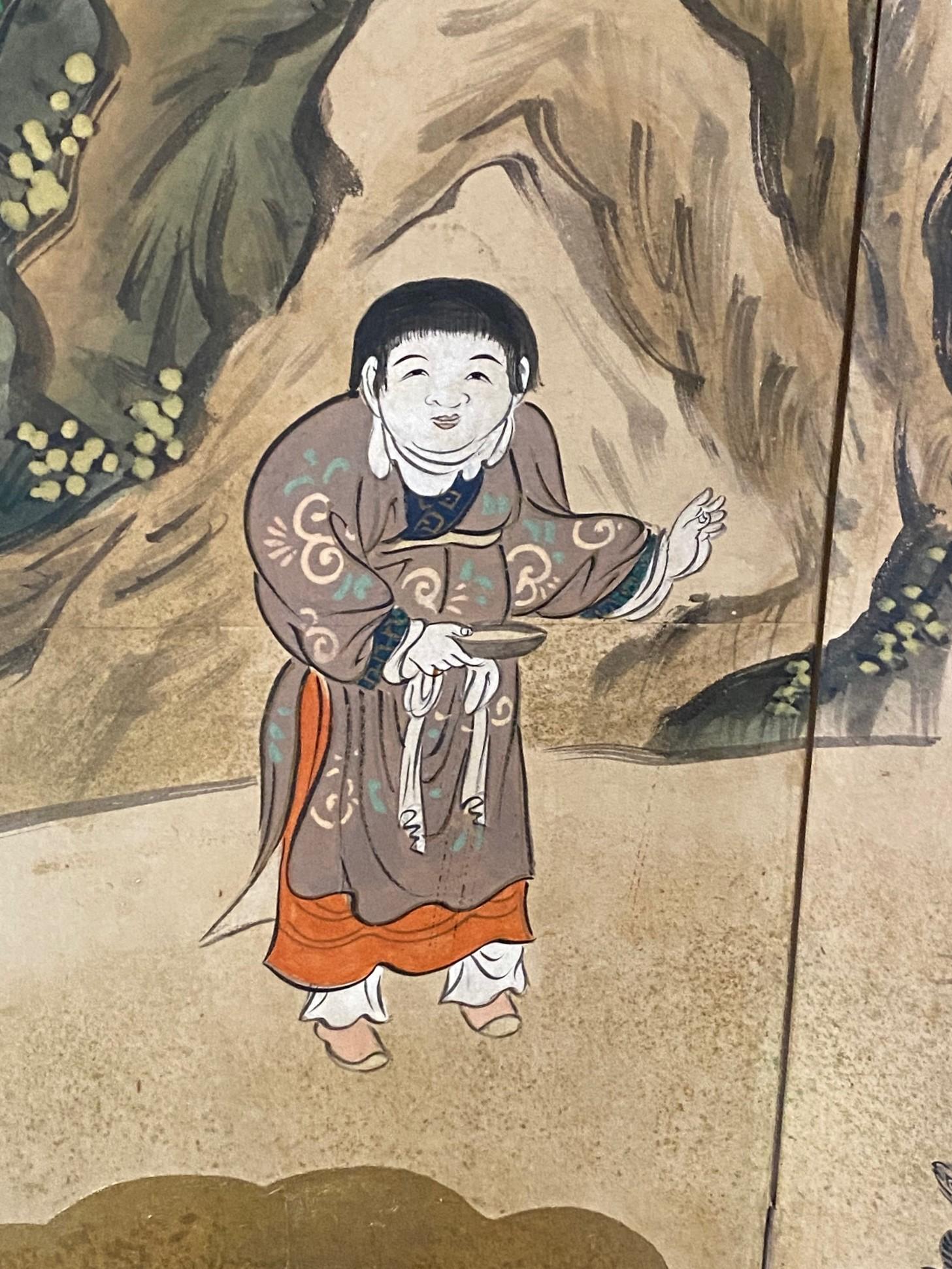 Feuille d'or Paire de grands écrans Byobu pliants à six panneaux d'Asie japonaise, paysage mythique en vente