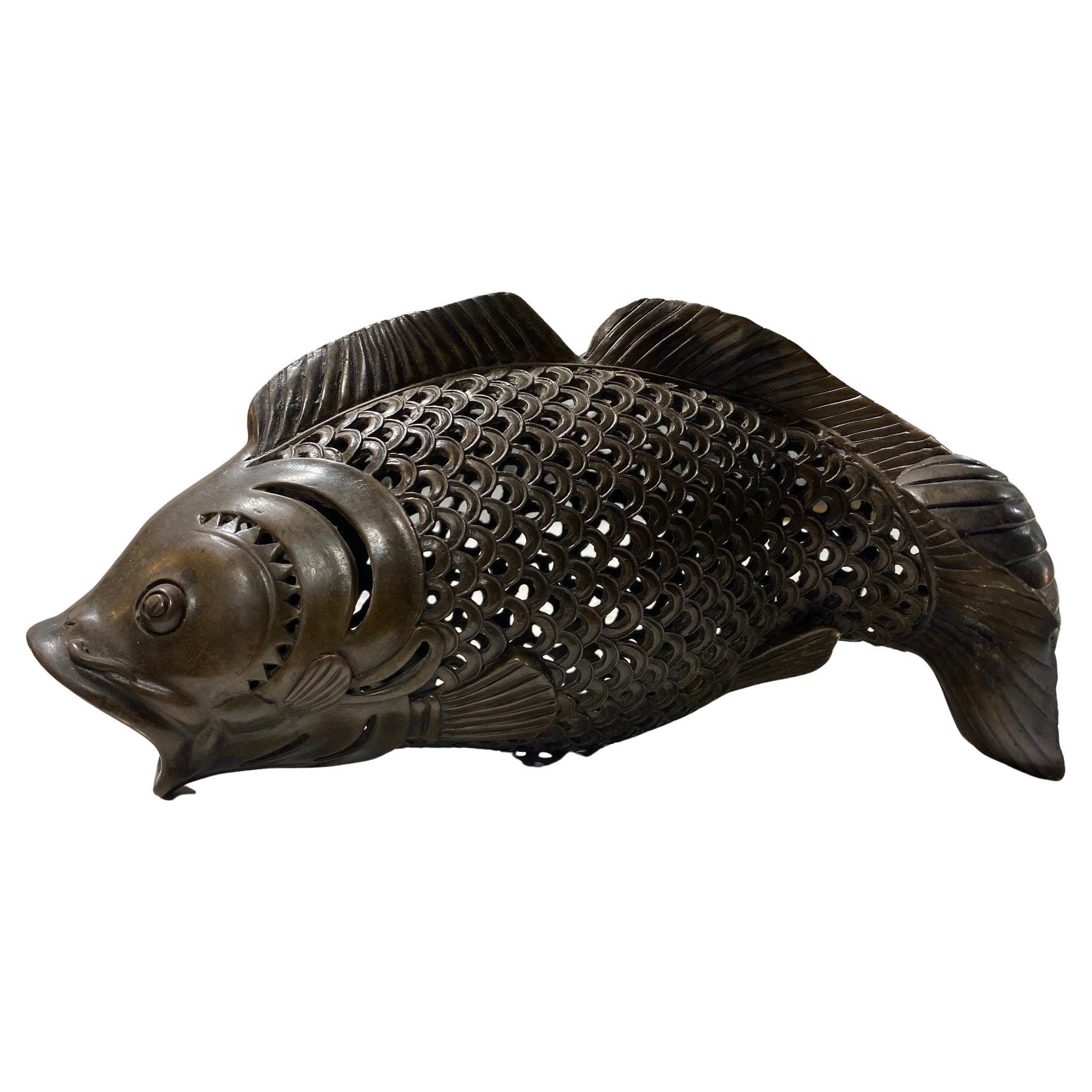 Japanese Asian Showa Period Bronze Koi Carp Fish Sculpture For Sale