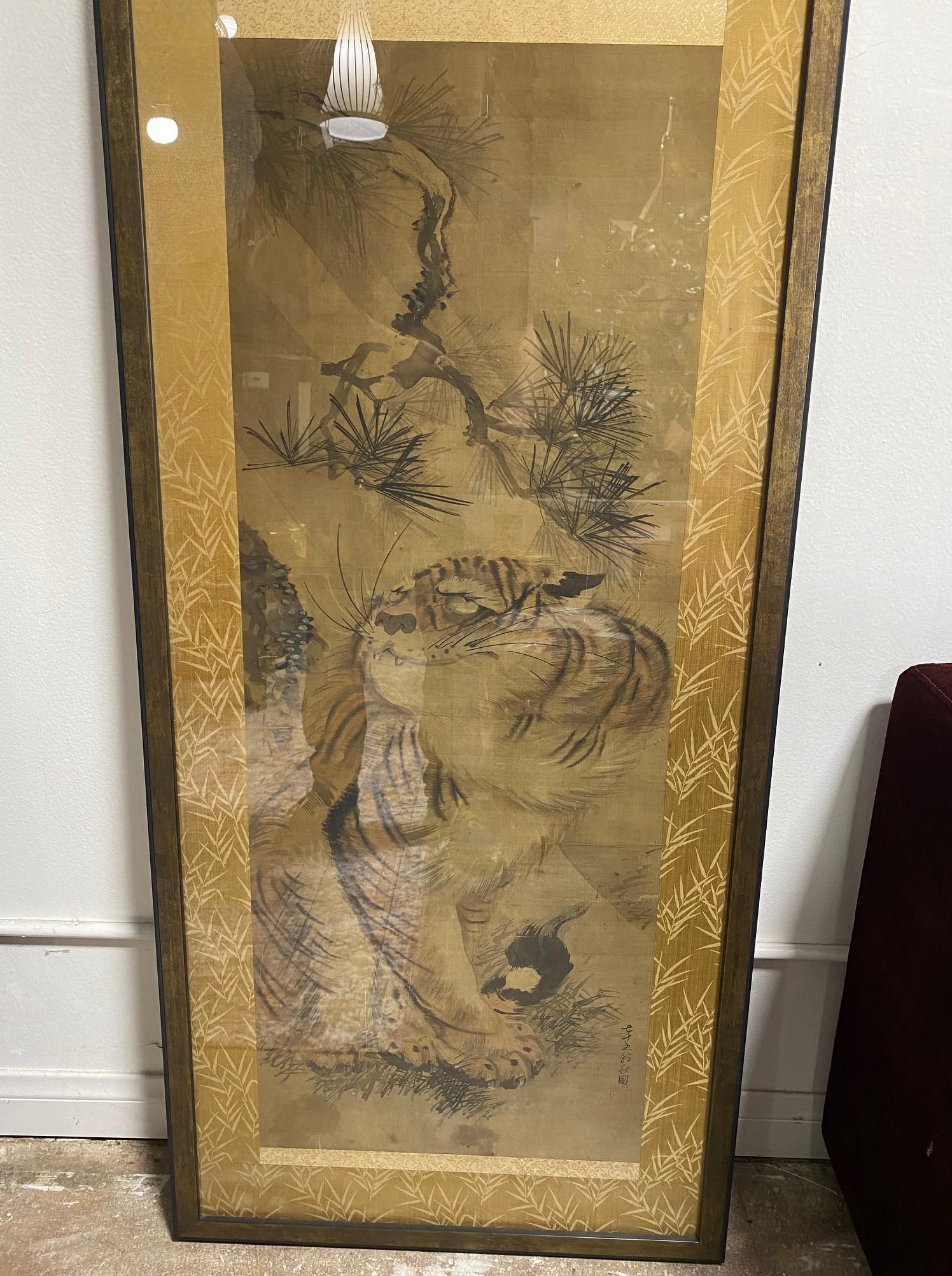 Hand-Painted Japanese Asian Signed Edo Period Framed Hand Painted Tiger Scroll