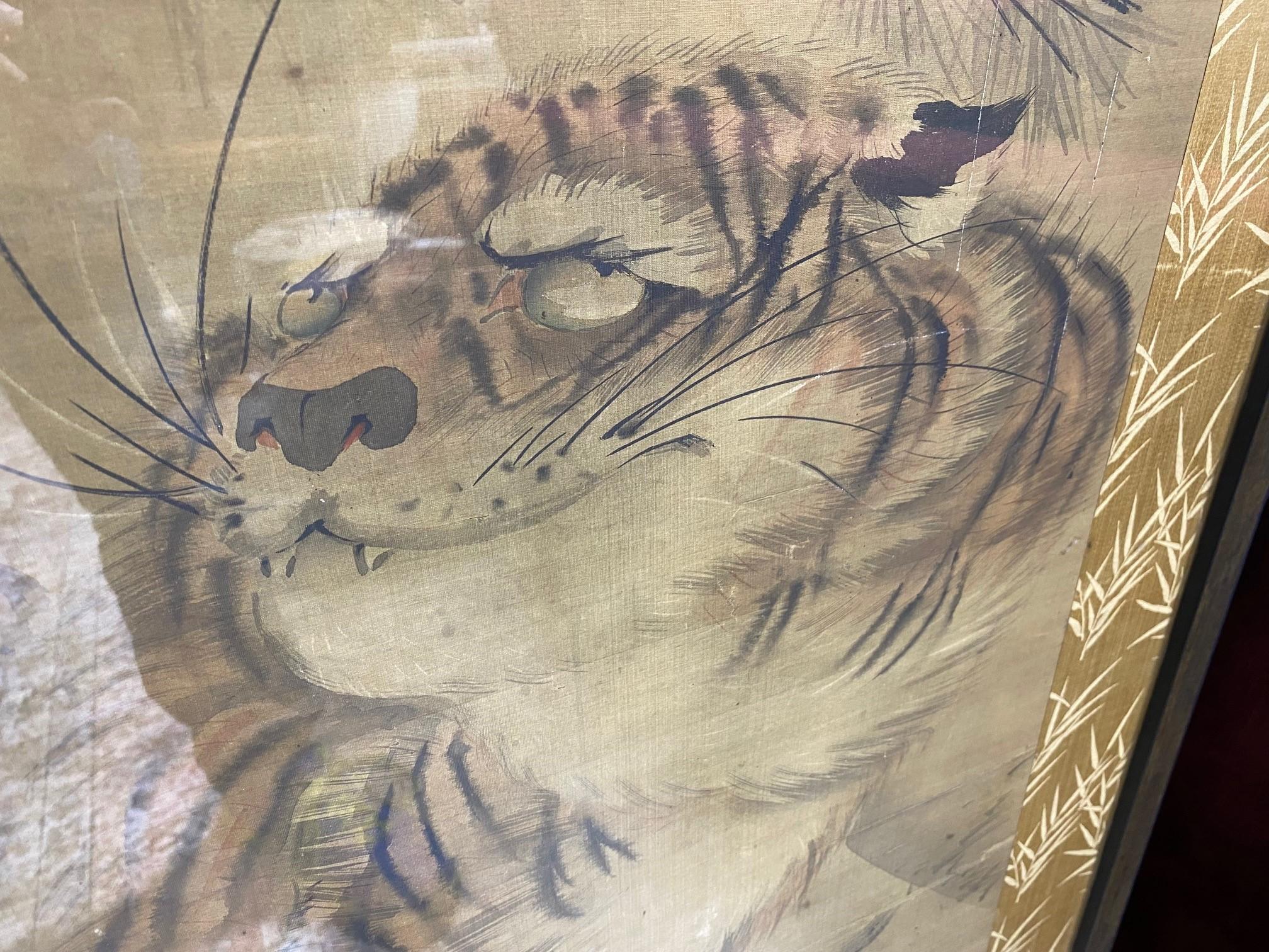 Japanese Asian Signed Edo Period Framed Hand Painted Tiger Scroll In Good Condition In Studio City, CA