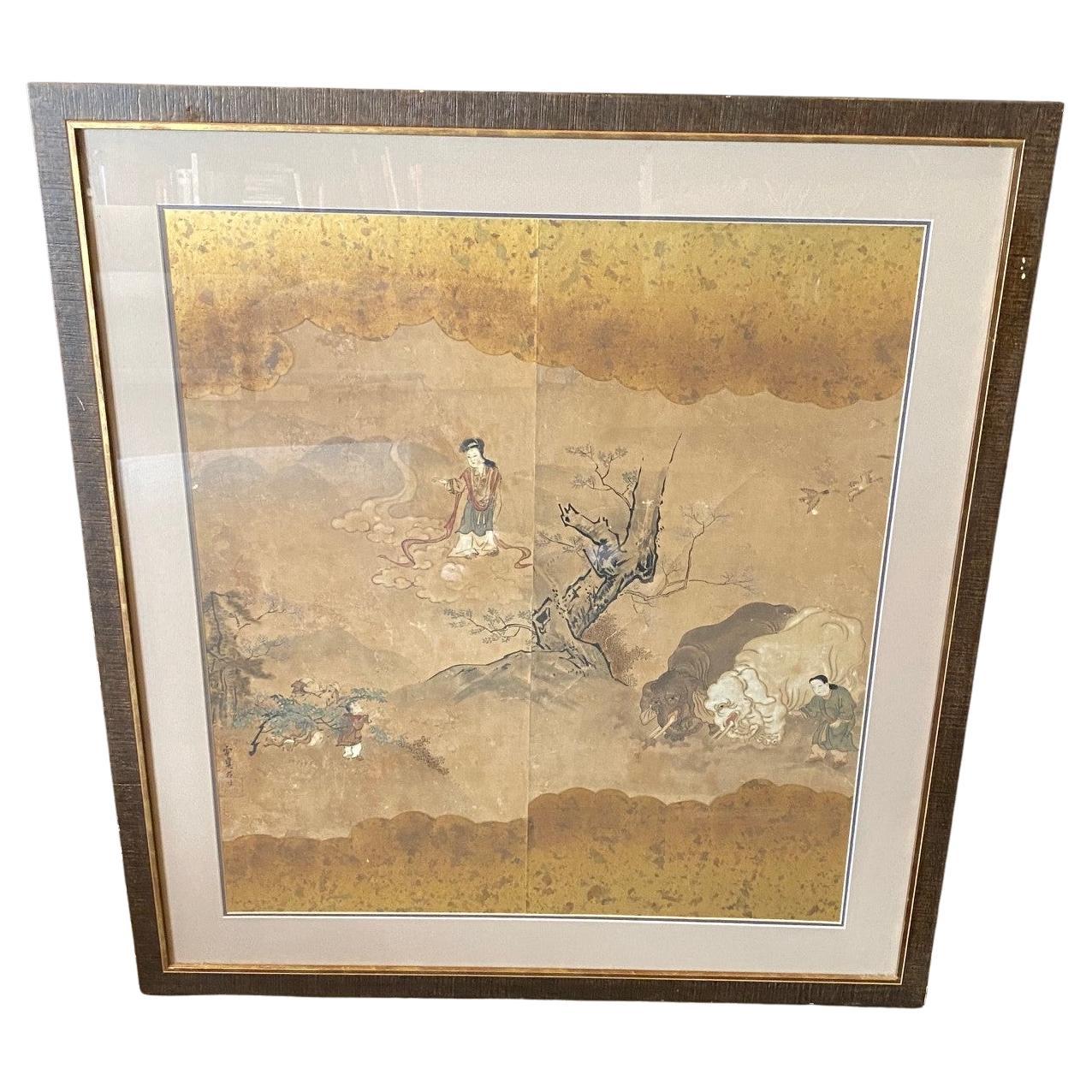 Peinture asiatique japonaise signée de la période Edo de l'école Kano représentant un paysage mythique