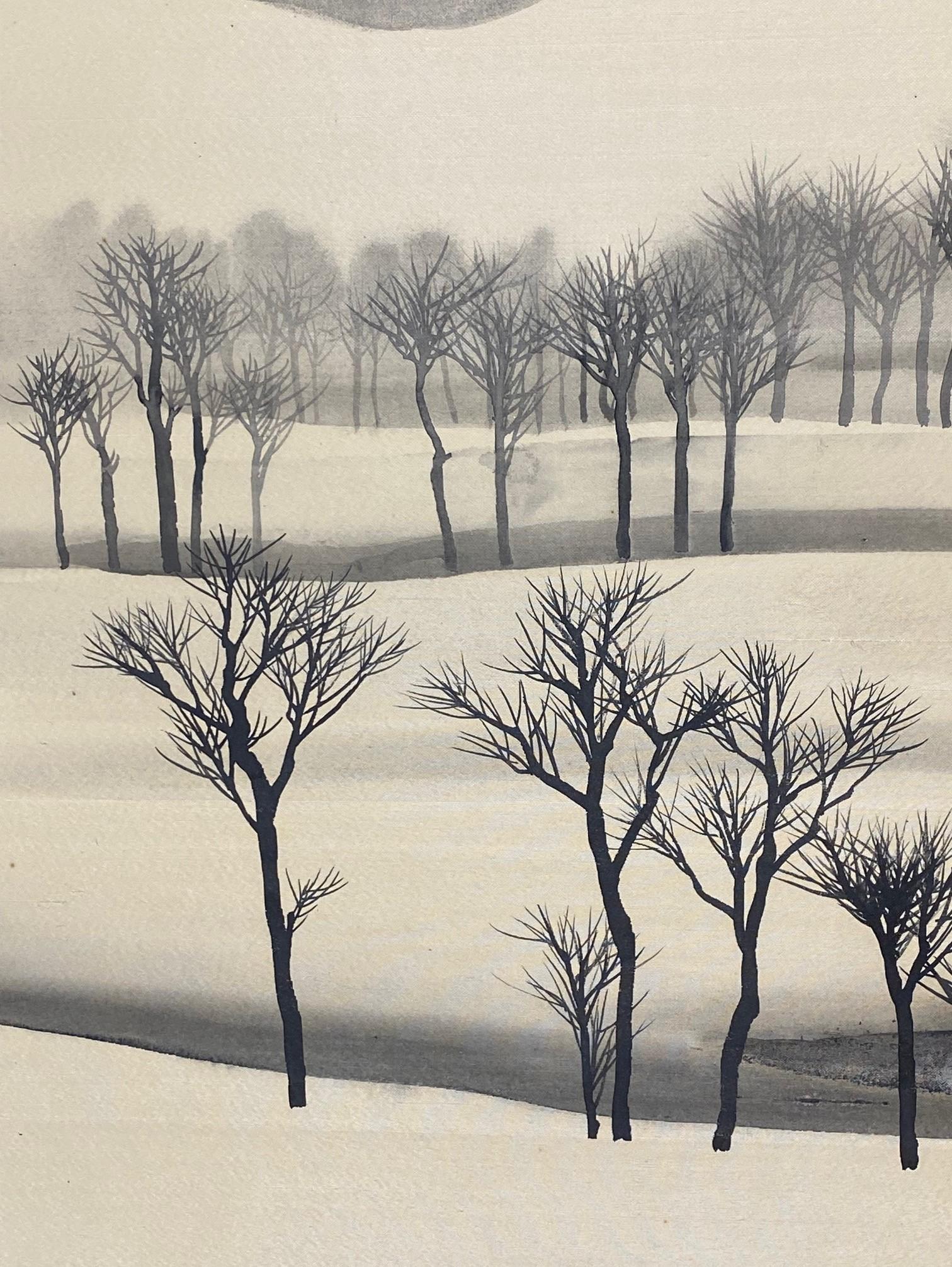 Japanese Asian Signed Four-Panel Byobu Folding Screen Winter Nature Landscape  For Sale 2