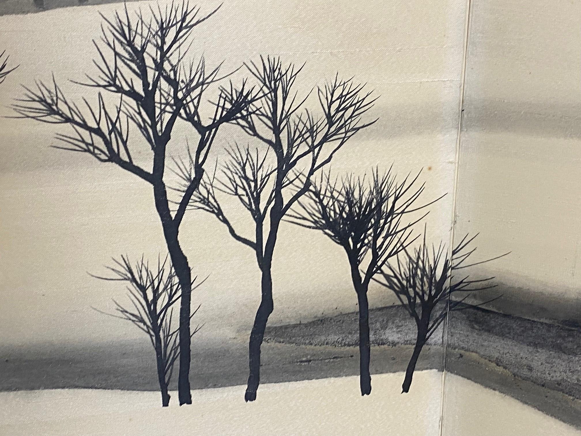Japanese Asian Signed Four-Panel Byobu Folding Screen Winter Nature Landscape  For Sale 8