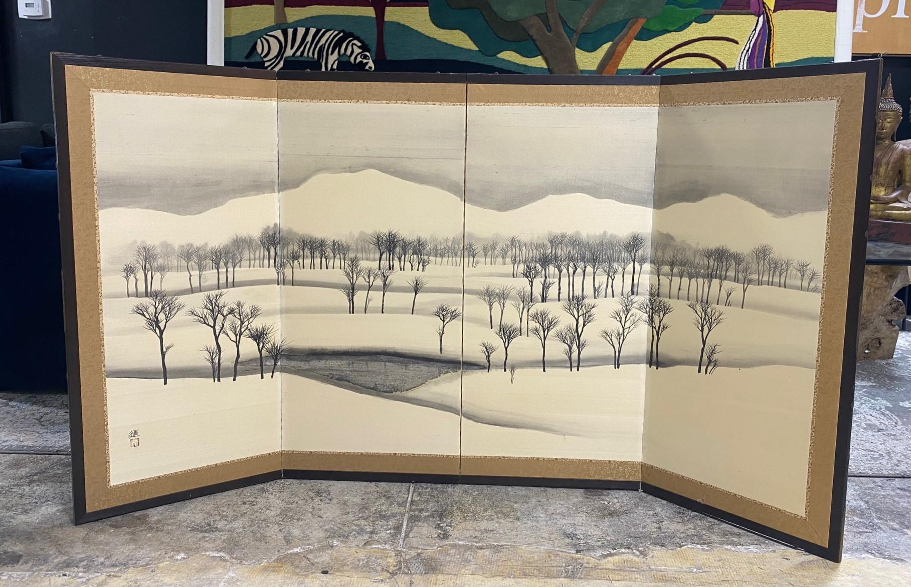 A gorgeous hand-painted four-panel Japanese/Asian Byobu folding screen depicting a stark winter nature landscape scene with barren trees, rolling snow-filled hills, and a frozen lake. The deep, rich blacks-whites and grays, beautiful composition,