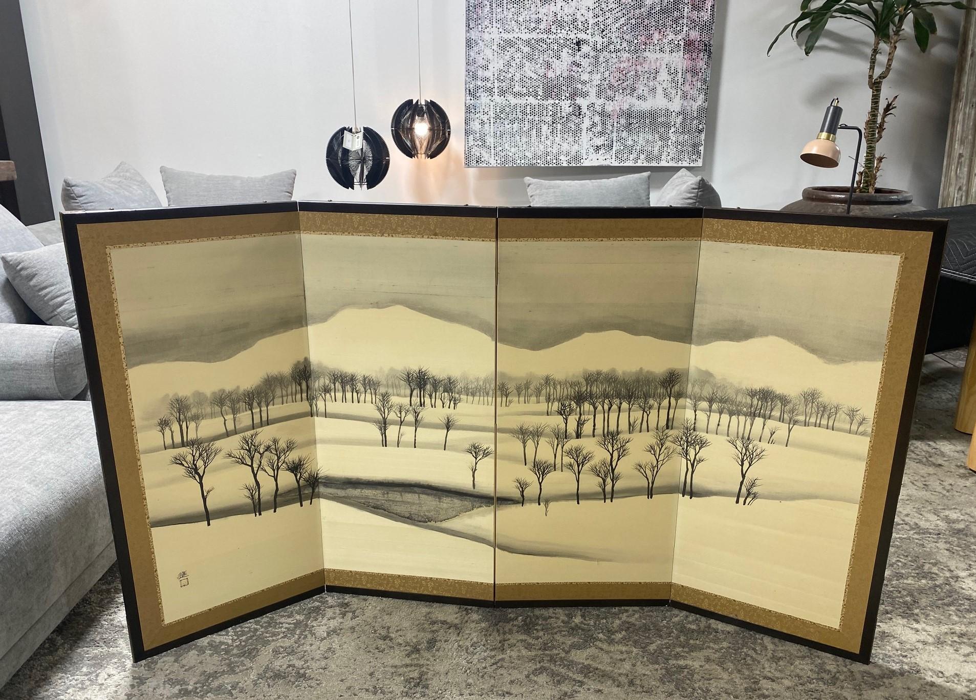 Japanese Asian Signed Four-Panel Byobu Folding Screen Winter Nature Landscape  For Sale 12