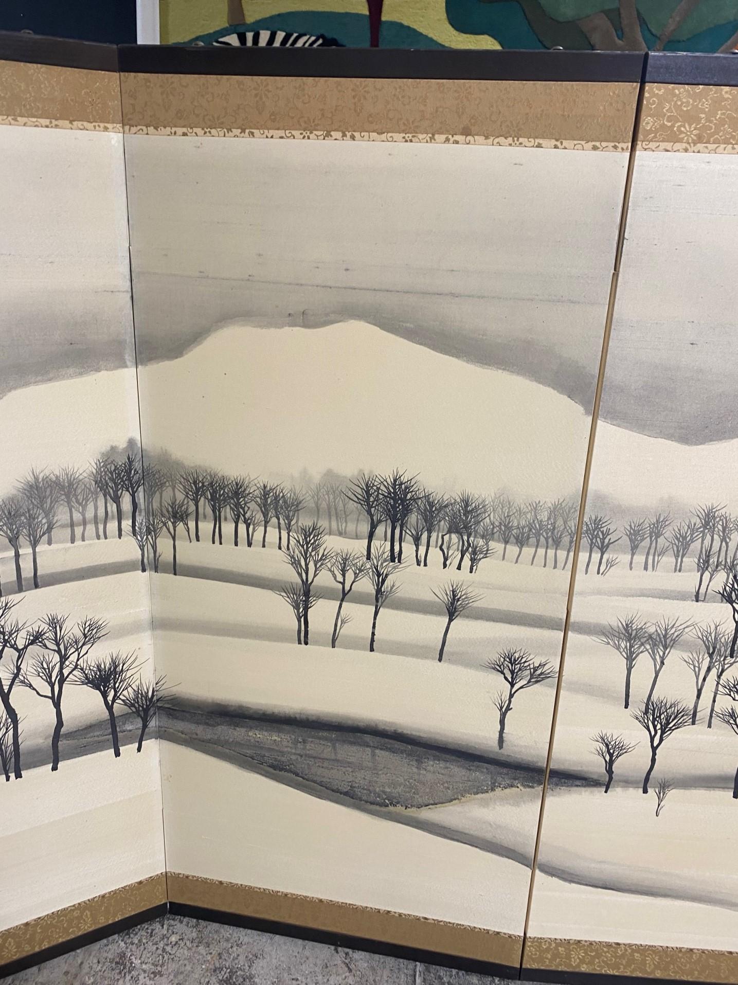 Showa Japanese Asian Signed Four-Panel Byobu Folding Screen Winter Nature Landscape  For Sale