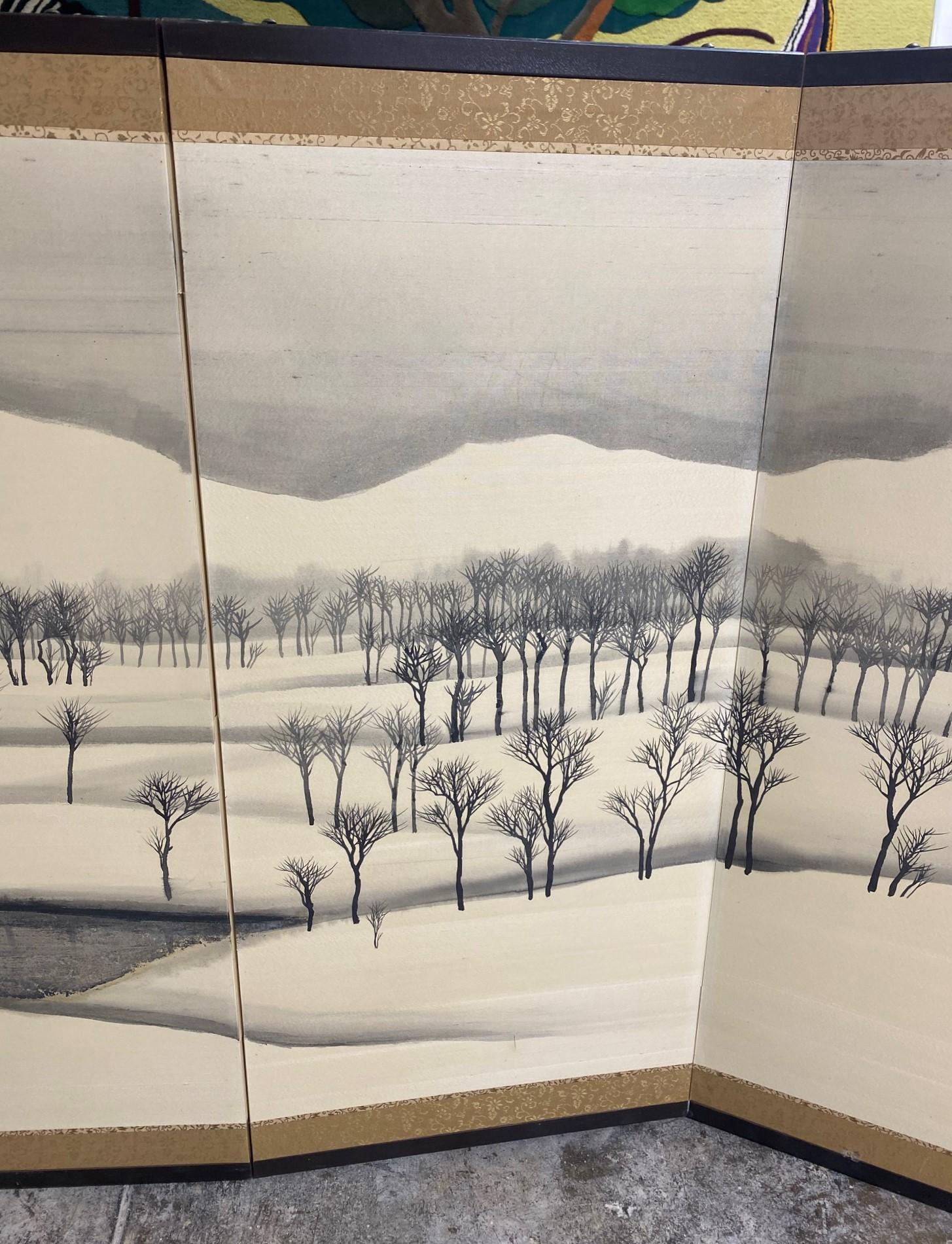 Hand-Crafted Japanese Asian Signed Four-Panel Byobu Folding Screen Winter Nature Landscape  For Sale