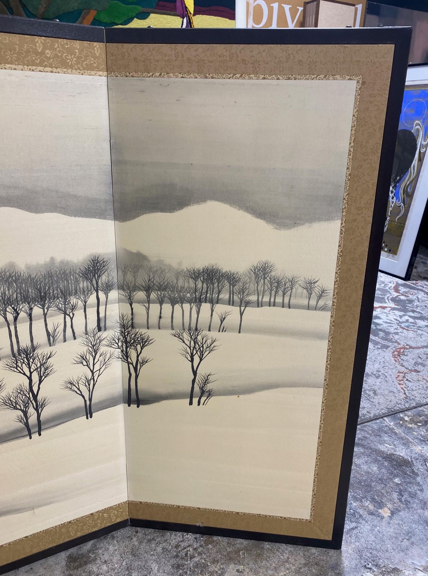 Japanese Asian Signed Four-Panel Byobu Folding Screen Winter Nature Landscape  In Good Condition For Sale In Studio City, CA
