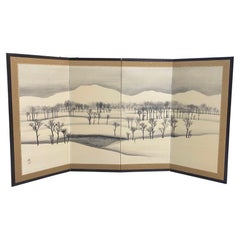 Japanese Asian Signed Four-Panel Byobu Folding Screen Winter Nature Landscape