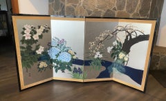 Japanese Asian Signed Four Panel Byobu Screen Cherry Blossom Tree With Flowers