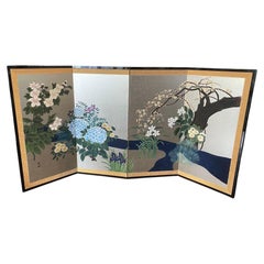Japanese Asian Signed Four Panel Byobu Screen Cherry Blossom Tree With Flowers